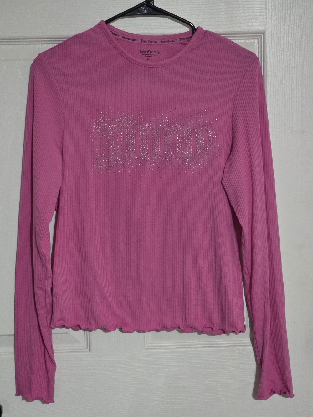 Juicy Couture Pink Long Sleeve Ribbed Tee with Rhinestone Logo